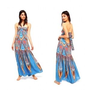 Free People Strapless Mojave Maxi Dress Size Small Blue Ikat Boho Southwestern